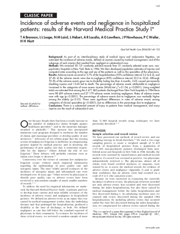 (PDF) Incidence of adverse events and negligence in hospitalized patients