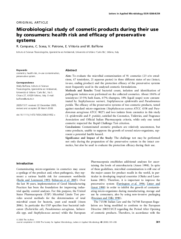 (PDF) Microbiological study of cosmetic products during their use by consumers health risk and