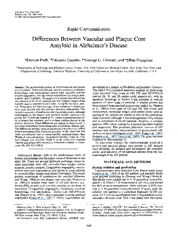 (PDF) Differences Between Vascular and Plaque Core Amyloid in Alzheimer ...