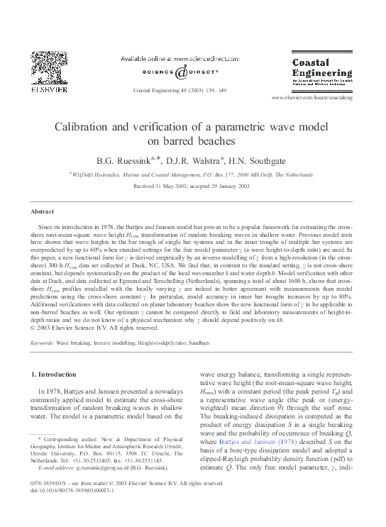 (PDF) Calibration and verification of a parametric wave model on barred ...