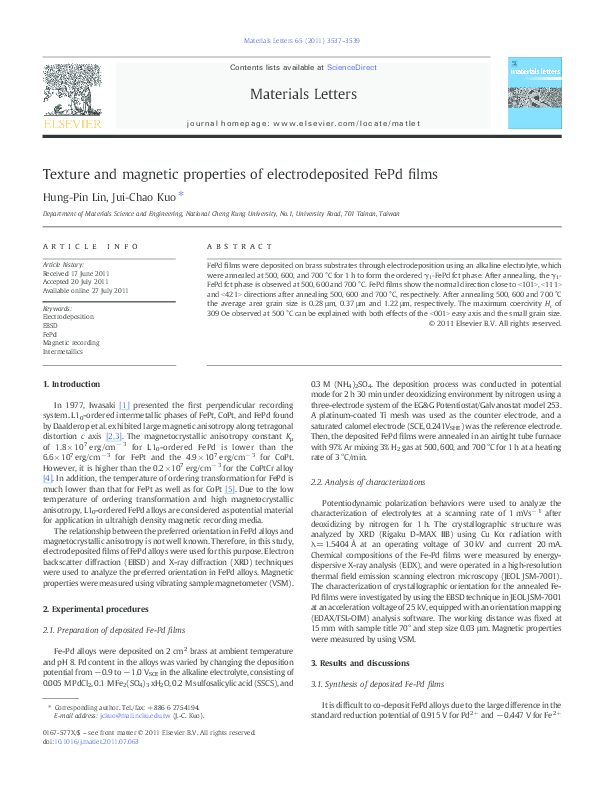 (PDF) Texture and magnetic properties of electrodeposited FePd films