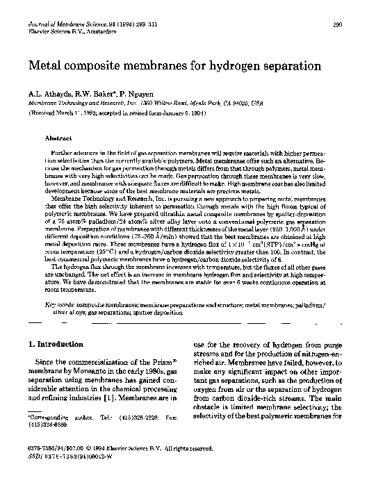 (PDF) Metal composite membranes for hydrogen separation