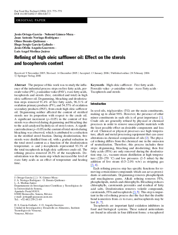 (PDF) Refining of high oleic safflower oil Effect on the sterols and