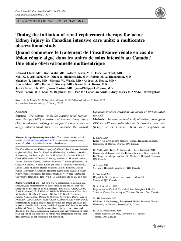 (PDF) Timing the initiation of renal replacement therapy for acute ...