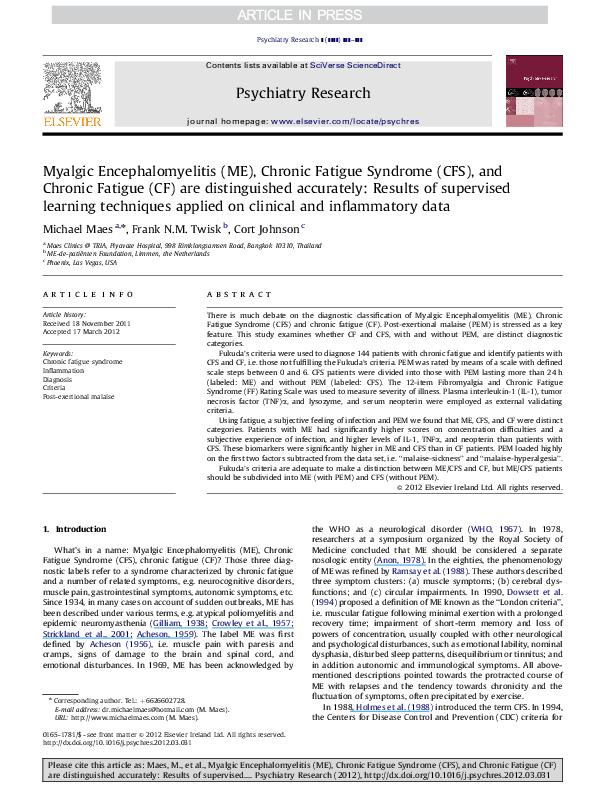(PDF) Myalgic Encephalomyelitis (ME), Chronic Fatigue Syndrome (CFS ...
