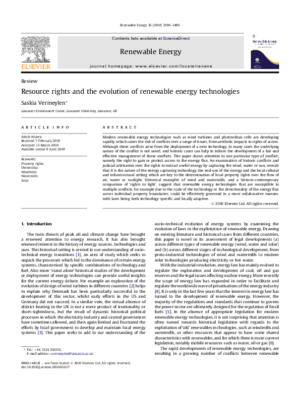 (PDF) Resource rights and the evolution of renewable energy technologies