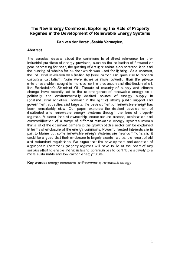(PDF) The New Energy Commons Exploring the Role of Property regimes in