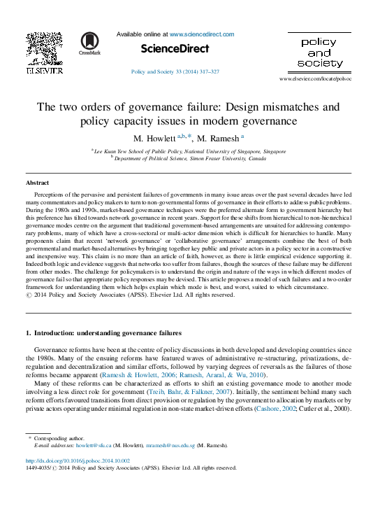 (PDF) Howlett and Ramesh - 2014 - The two orders of governance failure ...