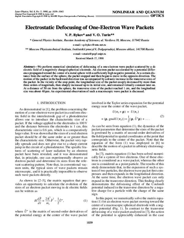 (PDF) Electrostatic defocusing of one-electron wave packets