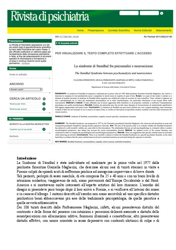 (PDF) La sindrome di Stendhal fra psicoanalisi e neuroscience - The ...