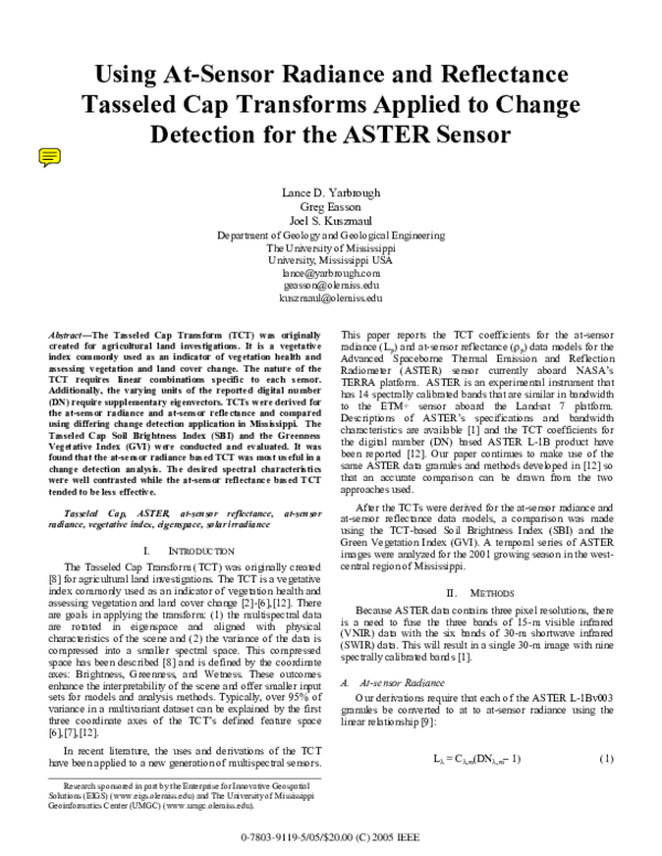 (PDF) Using at-sensor radiance and reflectance tasseled cap transforms ...