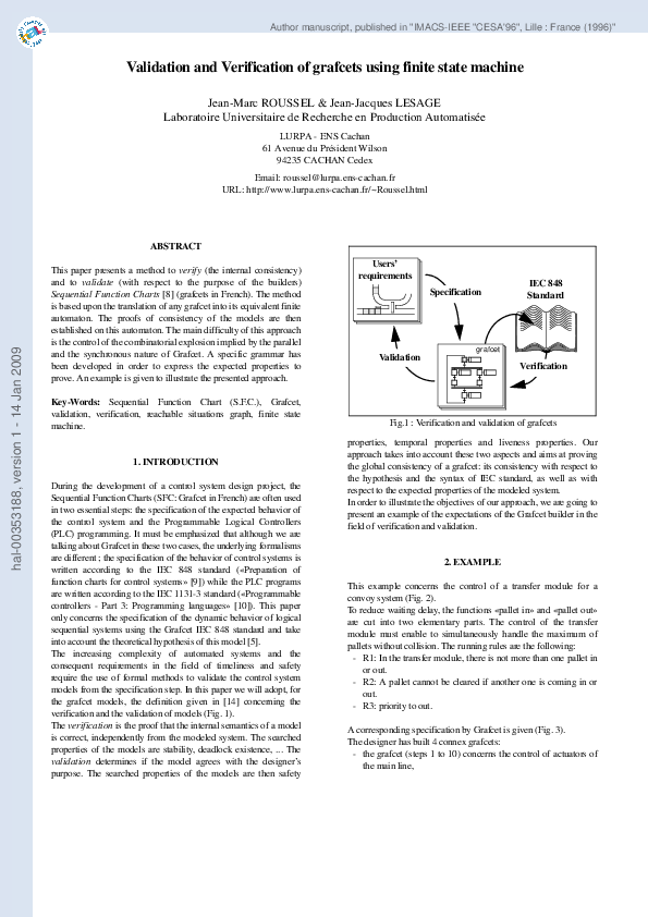 (PDF) Validation and verification of grafcets using state machine