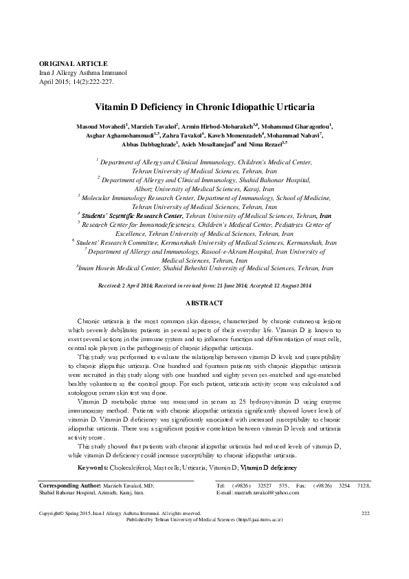 (PDF) Vitamin d deficiency in chronic idiopathic urticaria Marzieh