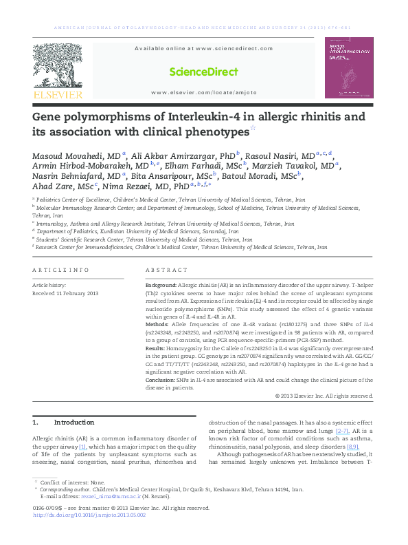 (PDF) Gene polymorphisms of Interleukin-4 in allergic rhinitis and its ...