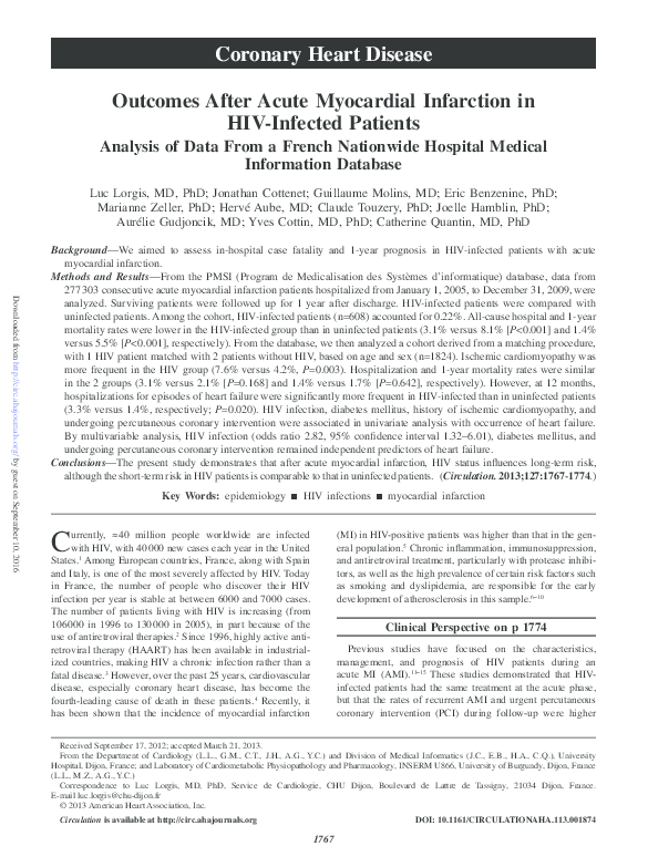 (PDF) Outcomes After Acute Myocardial Infarction in HIV-Infected ...