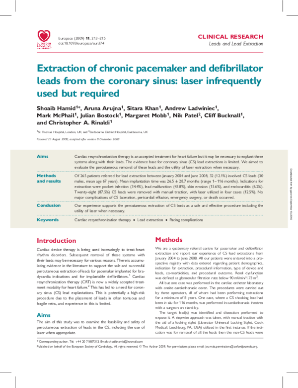 (PDF) Extraction of chronic pacemaker and defibrillator leads from the ...
