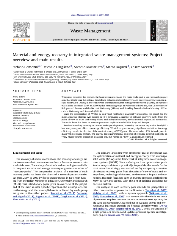 (PDF) Material and energy recovery in integrated waste management ...