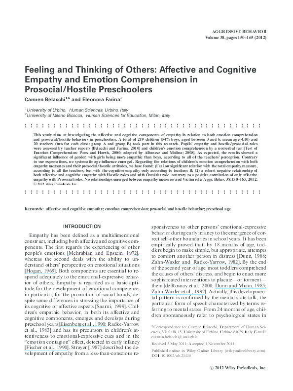 (PDF) Feeling and Thinking of Others: Affective and Cognitive Empathy ...
