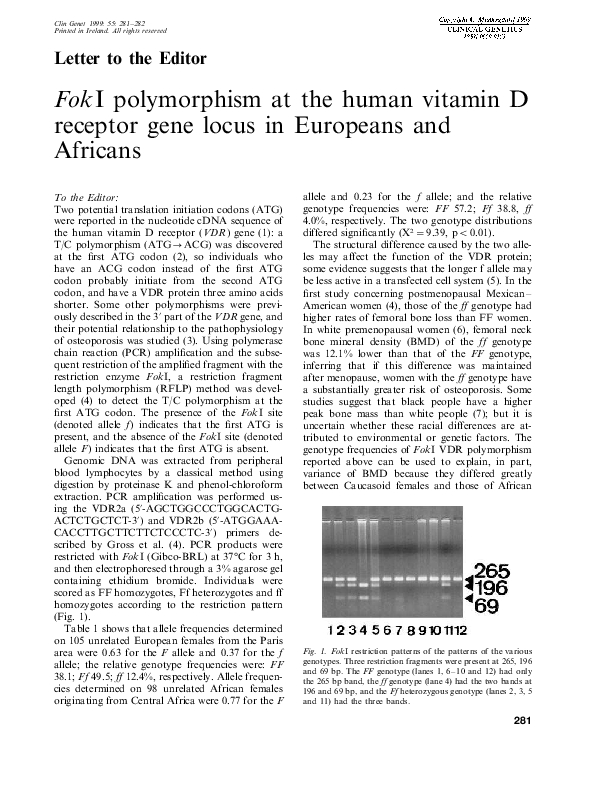 (PDF) FokI polymorphism at the human vitamin D receptor gene locus in ...