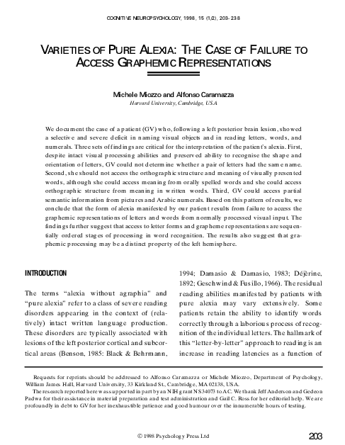 (PDF) Varieties of Pure Alexia: The Case of Failure to Access Graphemic ...