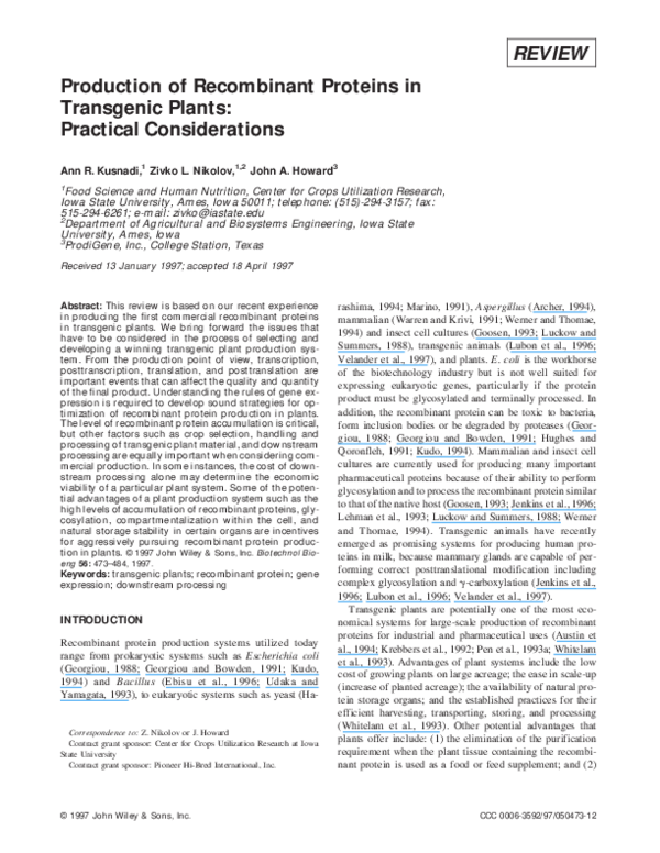 (PDF) Production of proteins in transgenic plants