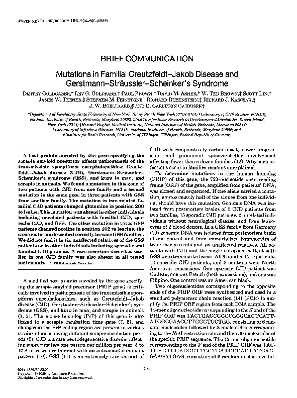 (PDF) Mutations in familial CreutzfeldtJakob disease and Gerstmann