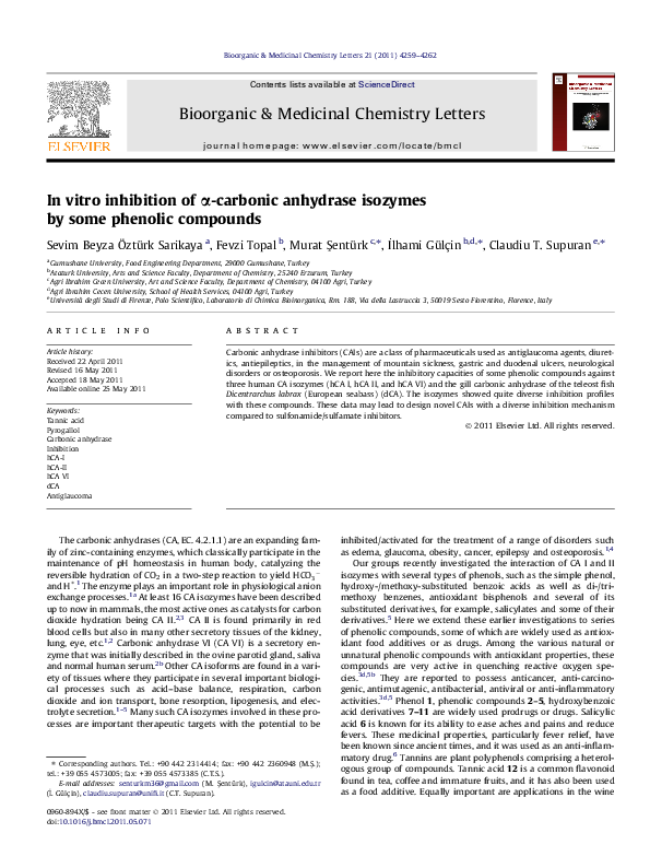(PDF) In vitro inhibition of α-carbonic anhydrase isozymes by some ...