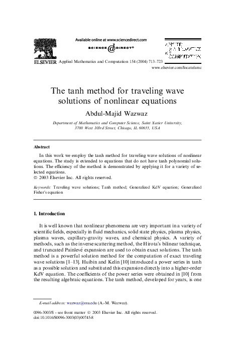 (PDF) The tanh method for traveling wave solutions of nonlinear equations
