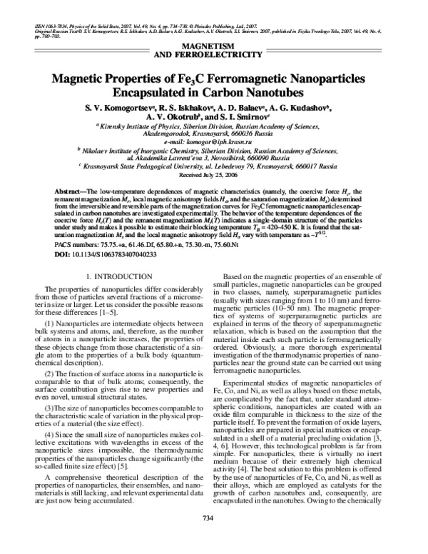 (PDF) Magnetic properties of Fe 3 C ferromagnetic nanoparticles ...