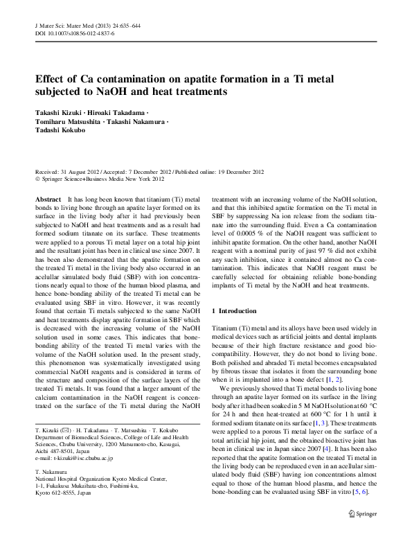 (PDF) Effect of Ca contamination on apatite formation in a Ti metal ...