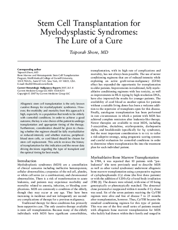 (PDF) Stem cell transplantation for myelodysplastic syndromes: The lure ...