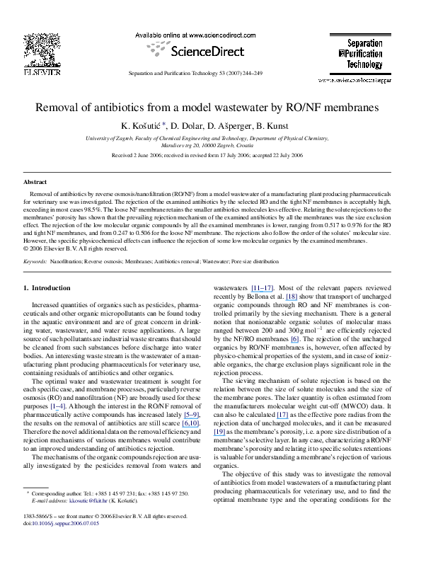 (PDF) Removal of antibiotics from a model wastewater by RO/NF membranes