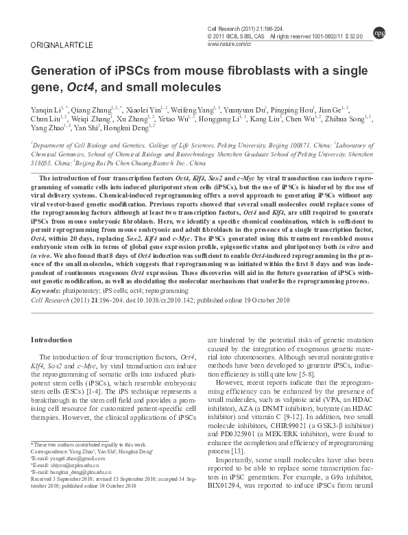 (PDF) Generation of iPSCs from mouse fibroblasts with a single gene ...
