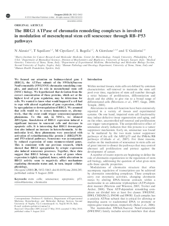 (PDF) The BRG1 ATPase of chromatin remodeling complexes is involved in ...