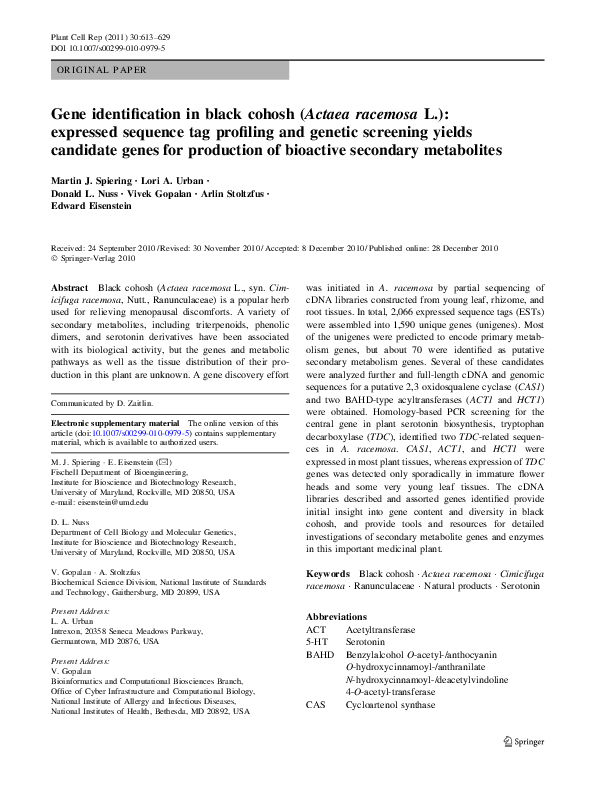 (PDF) Gene identification in black cohosh ( Actaea racemosa L ...