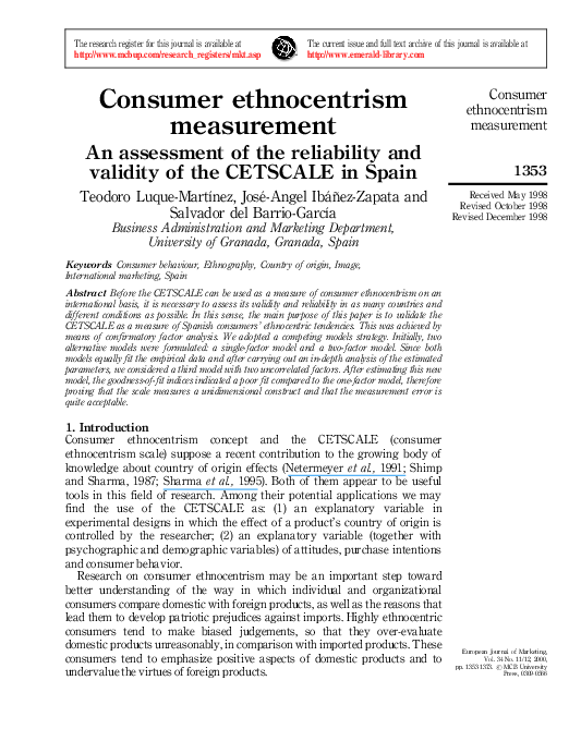 (PDF) Consumer ethnocentrism measurement - An assessment of the ...