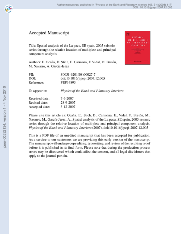 (PDF) Spatial analysis of the La Paca, SE Spain, 2005 seismic series
