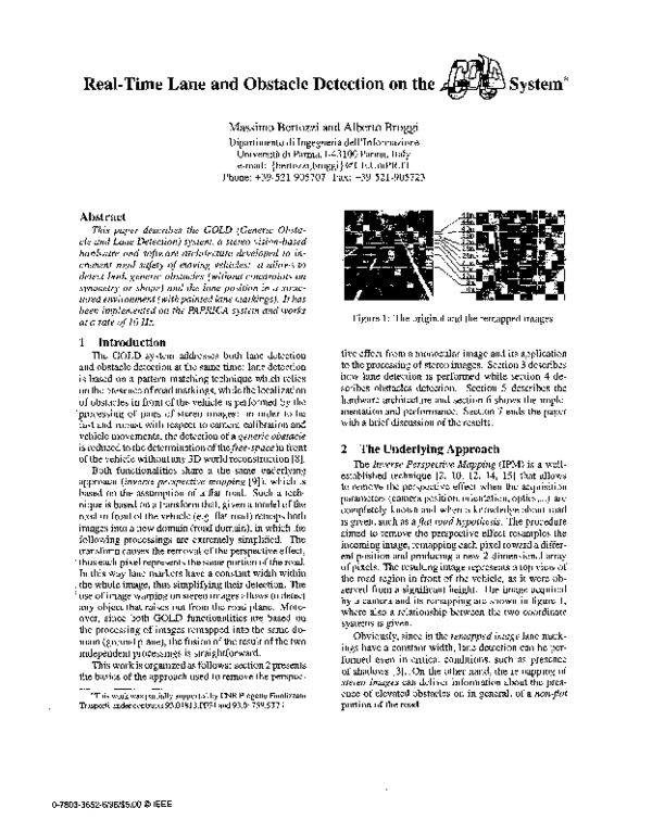 (PDF) Real-time lane and obstacle detection on the GOLD system