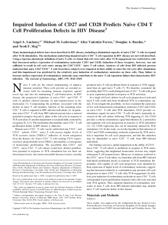 (PDF) Impaired Induction of CD27 and CD28 Predicts Naive CD4 T Cell ...