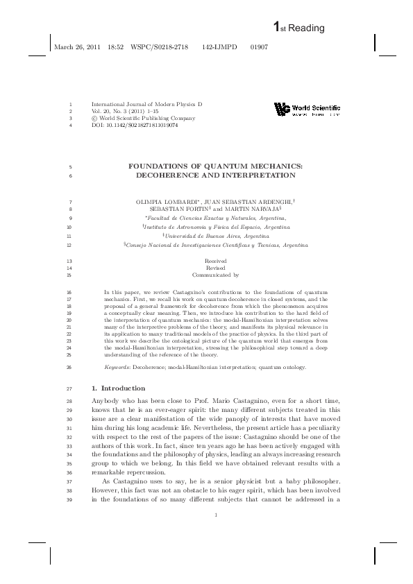 (PDF) Foundations of Quantum Mechanics:. Decoherence and Interpretation