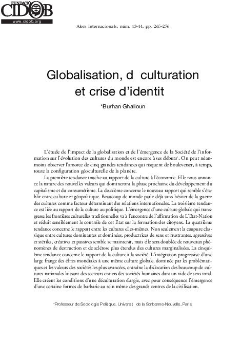 (PDF) Globalisation, déculturation et crise d'identit