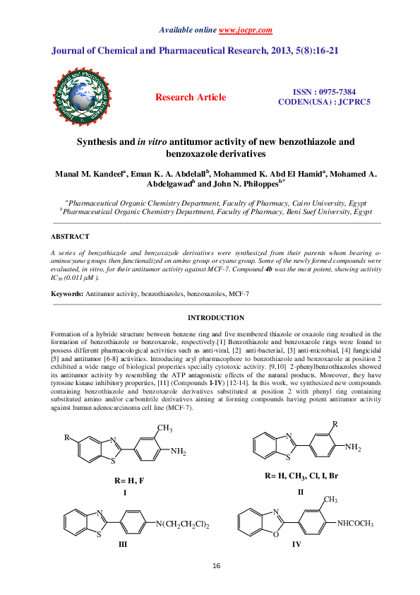 (PDF) Synthesis and in vitro antitumor activity of new benzothiazole ...
