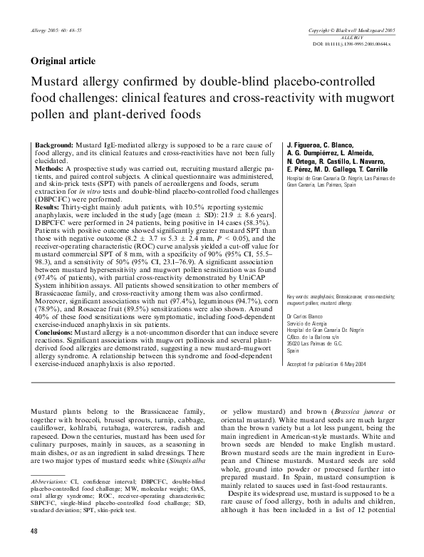 (PDF) Mustard allergy confirmed by doubleblind placebocontrolled food