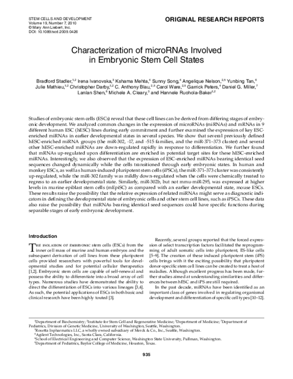 (PDF) Characterization of microRNAs Involved in Embryonic Stem Cell States