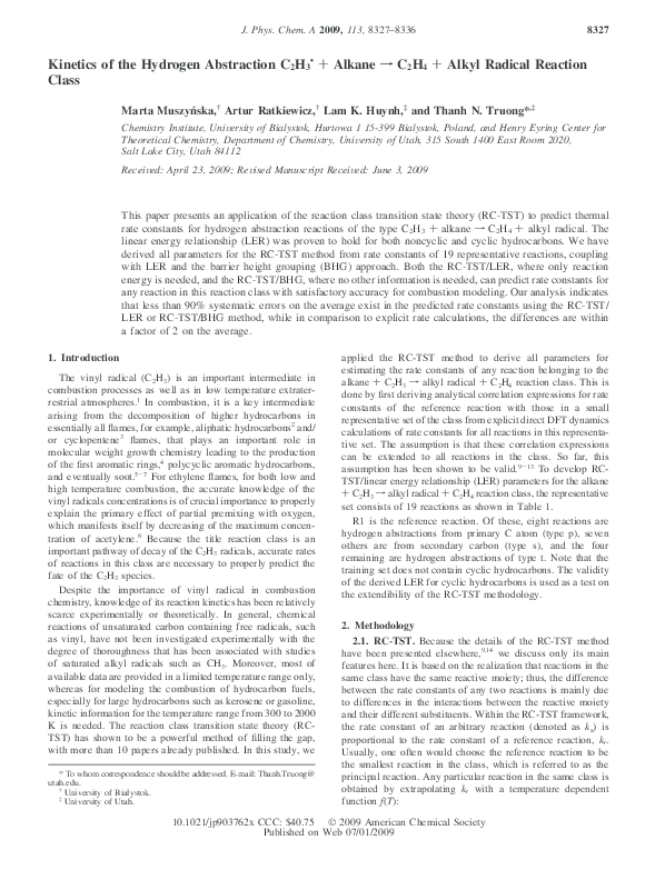 (PDF) Kinetics of the Hydrogen Abstraction C 2 H 3 • + Alkane → C 2 H 4 ...