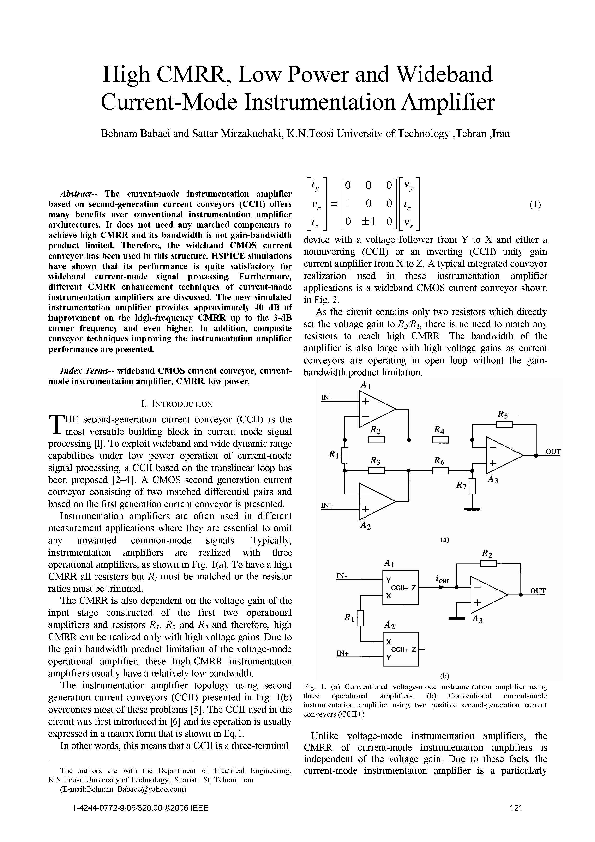(PDF) High CMRR, Low Power and Wideband CurrentMode Instrumentation