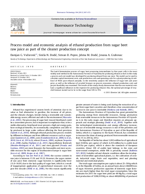 (PDF) Process model and economic analysis of ethanol production from ...