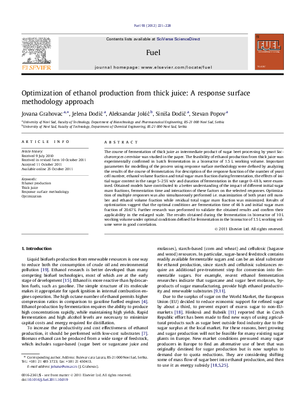 (PDF) Optimization of ethanol production from thick juice: A response ...