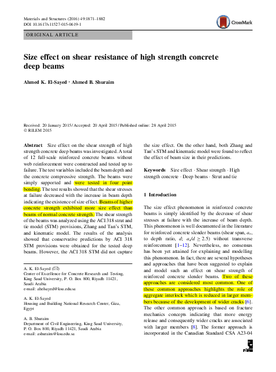 (PDF) Size effect on shear resistance of high strength concrete deep beams