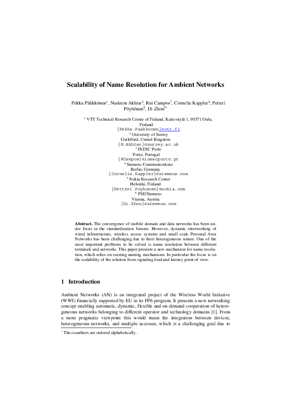 (PDF) Scalability of Name Resolution for Ambient Networks